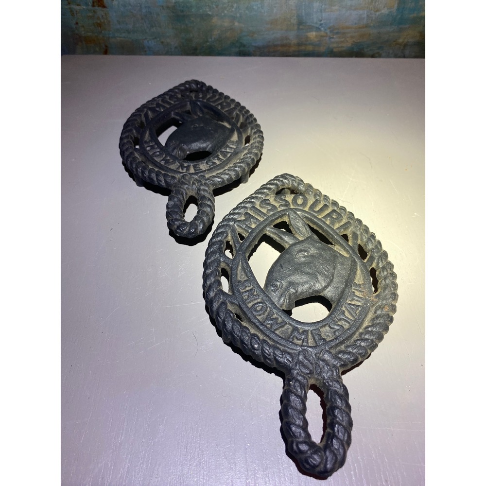 Vintage Missouri Show Me State Mule Cast Iron‎ Trivet Set of 2 Black Rope Border